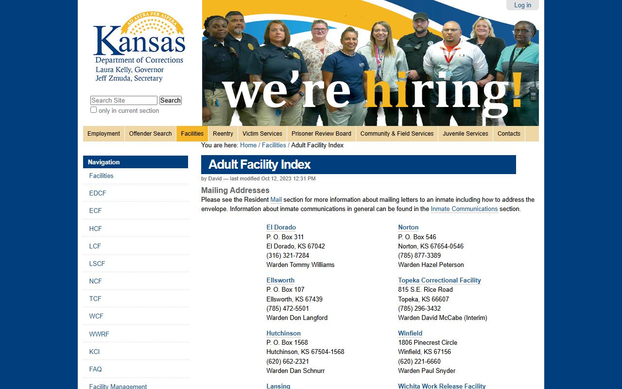 KDOC adult facility index for Kansas detention facility directory