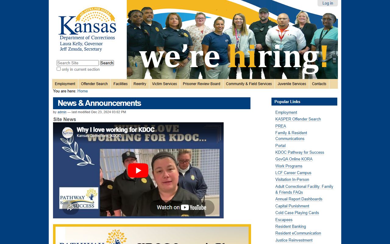 Kansas Department of Corrections home page for Kansas inmate population search