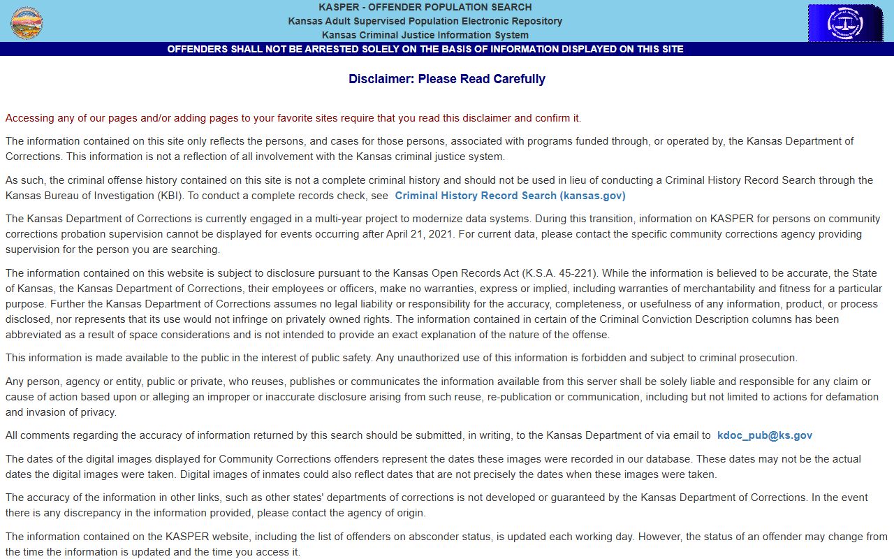 KASPER disclaimer page for Kansas inmate population search