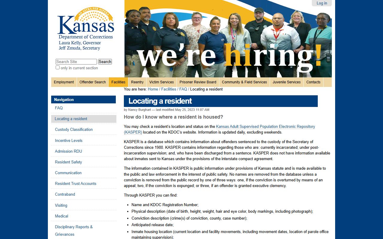 KDOC locating FAQ for KASPER inmate records