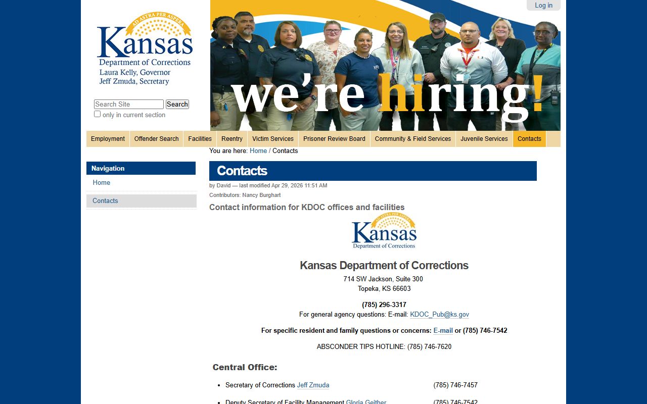 KDOC contacts page for Kansas Department of Corrections inmate population records