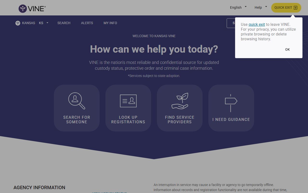 Kansas VINELink portal for county jail inmate custody notifications